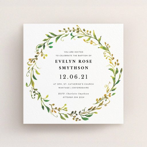 Christening Invite Design - "Catalan Wreath" A christening invite named "Catalan Wreath". It is a square (148mm x 148mm) invite in a square orientation. "Catalan Wreath" is available as a flat invite, with tones of green, orange and yellow.