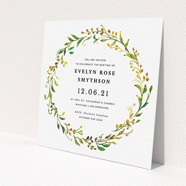 A christening invite named 'Catalan Wreath'. It is a square (148mm x 148mm) invite in a square orientation. 'Catalan Wreath' is available as a flat invite, with tones of green, orange and yellow.