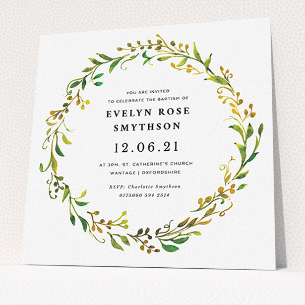 A christening invite named "Catalan Wreath". It is a square (148mm x 148mm) invite in a square orientation. "Catalan Wreath" is available as a flat invite, with tones of green, orange and yellow.