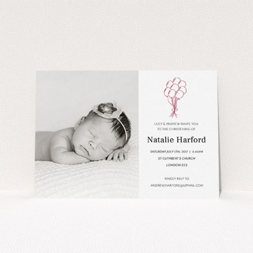 A christening invite design called "Celebration". It is an A5 invite in a landscape orientation. It is a photographic christening invite with room for 1 photo. "Celebration" is available as a flat invite, with tones of white and red.