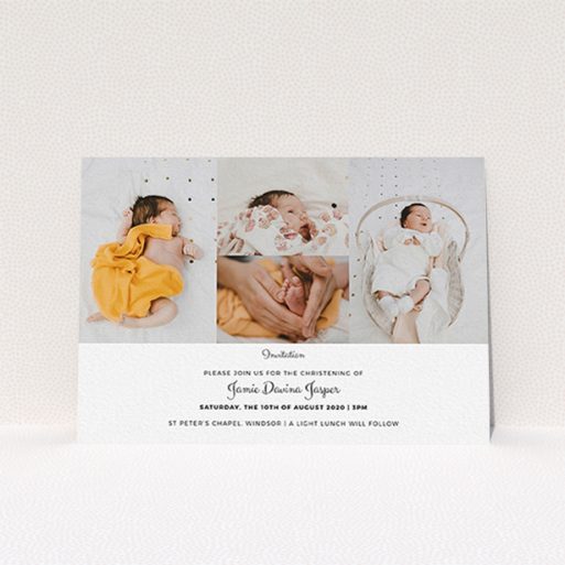 A christening invite template titled "Cheek by Jowl". It is an A6 invite in a landscape orientation. It is a photographic christening invite with room for 4 photos. "Cheek by Jowl" is available as a flat invite, with mainly white colouring.