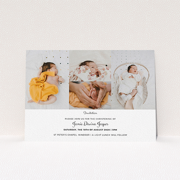 A christening invite template titled "Cheek by Jowl". It is an A6 invite in a landscape orientation. It is a photographic christening invite with room for 4 photos. "Cheek by Jowl" is available as a flat invite, with mainly white colouring.