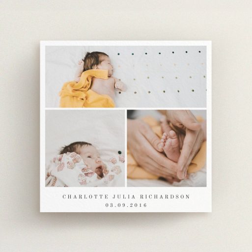 Christening Invite Design - "Clasic Tryptic" A christening invite called "Clasic Tryptic". It is a square (148mm x 148mm) invite in a square orientation. It is a photographic christening invite with room for 3 photos. "Clasic Tryptic" is available as a flat invite, with mainly white colouring.