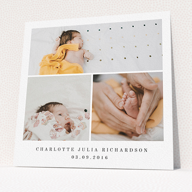 A christening invite called "Clasic Tryptic". It is a square (148mm x 148mm) invite in a square orientation. It is a photographic christening invite with room for 3 photos. "Clasic Tryptic" is available as a flat invite, with mainly white colouring.