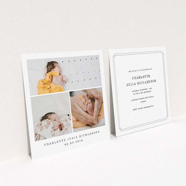 A christening invite called "Clasic Tryptic". It is a square (148mm x 148mm) invite in a square orientation. It is a photographic christening invite with room for 3 photos. "Clasic Tryptic" is available as a flat invite, with mainly white colouring.