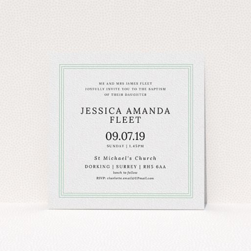 A christening invite design named "Classic Border". It is a square (148mm x 148mm) invite in a square orientation. "Classic Border" is available as a flat invite, with tones of blue and white.