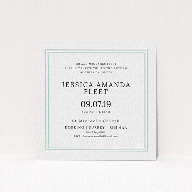 A christening invite design named "Classic Border". It is a square (148mm x 148mm) invite in a square orientation. "Classic Border" is available as a flat invite, with tones of blue and white.