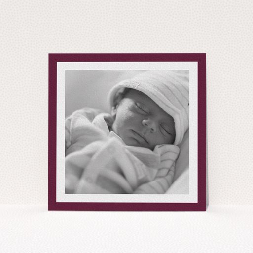 A christening invite template titled "Classic Burgundy Photo Frame". It is a square (148mm x 148mm) invite in a square orientation. It is a photographic christening invite with room for 1 photo. "Classic Burgundy Photo Frame" is available as a flat invite, with tones of burgundy and white.