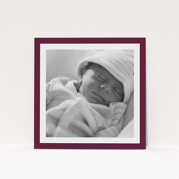 A christening invite template titled "Classic Burgundy Photo Frame". It is a square (148mm x 148mm) invite in a square orientation. It is a photographic christening invite with room for 1 photo. "Classic Burgundy Photo Frame" is available as a flat invite, with tones of burgundy and white.