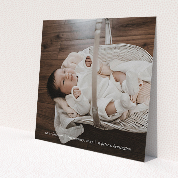 A christening invite design titled 'Classic Christening Photo'. It is a square (148mm x 148mm) invite in a square orientation. It is a photographic christening invite with room for 1 photo. 'Classic Christening Photo' is available as a flat invite, with mainly white colouring.
