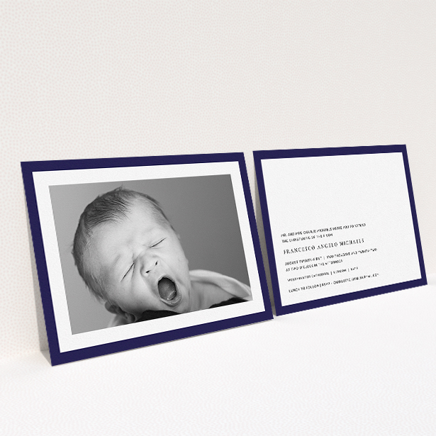 A christening invite called "Classic Navy Photo Frame". It is an A5 invite in a landscape orientation. It is a photographic christening invite with room for 1 photo. "Classic Navy Photo Frame" is available as a flat invite, with tones of blue and white.