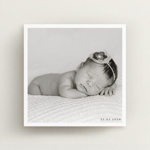 Christening Invite Design - "Classic Photo & Date Arrangement" A christening invite design called "Classic Photo & Date Arrangement". It is a square (148mm x 148mm) invite in a square orientation. It is a photographic christening invite with room for 1 photo. "Classic Photo & Date Arrangement" is available as a flat invite, with mainly white colouring.