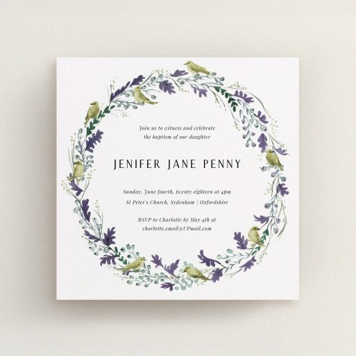 Christening Invite Design - "Classic Wildflower Wreath" A christening invite design named "Classic Wildflower Wreath". It is a square (148mm x 148mm) invite in a square orientation. "Classic Wildflower Wreath" is available as a flat invite, with tones of off-white and dark green.