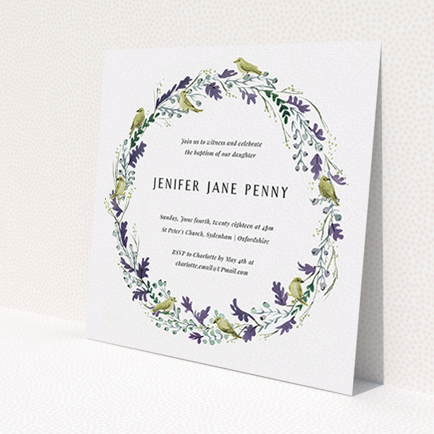 A christening invite design named 'Classic Wildflower Wreath'. It is a square (148mm x 148mm) invite in a square orientation. 'Classic Wildflower Wreath' is available as a flat invite, with tones of off-white and dark green.