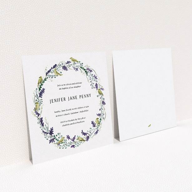 A christening invite design named "Classic Wildflower Wreath". It is a square (148mm x 148mm) invite in a square orientation. "Classic Wildflower Wreath" is available as a flat invite, with tones of off-white and dark green.