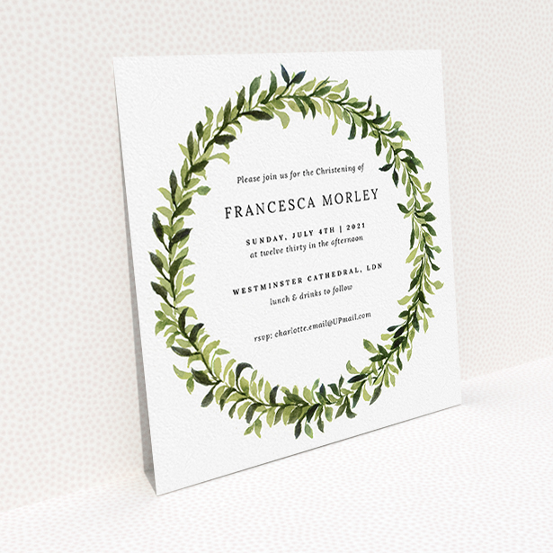 A christening invite named "Classic Wreath". It is a square (148mm x 148mm) invite in a square orientation. "Classic Wreath" is available as a flat invite, with tones of light green and dark green.