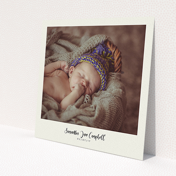 A christening invite called 'Cream Photo Frame'. It is a square (148mm x 148mm) invite in a square orientation. It is a photographic christening invite with room for 1 photo. 'Cream Photo Frame' is available as a flat invite, with mainly cream colouring.