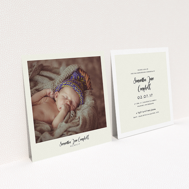 A christening invite called "Cream Photo Frame". It is a square (148mm x 148mm) invite in a square orientation. It is a photographic christening invite with room for 1 photo. "Cream Photo Frame" is available as a flat invite, with mainly cream colouring.