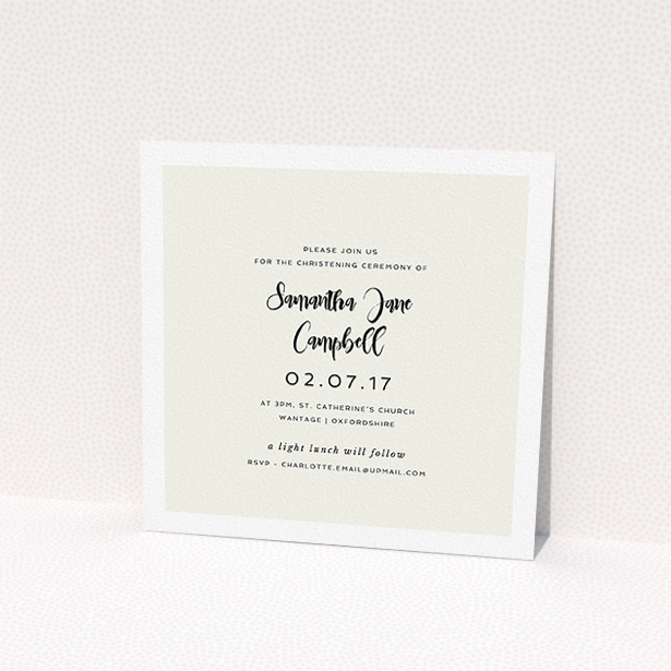 A christening invite called "Cream Photo Frame". It is a square (148mm x 148mm) invite in a square orientation. It is a photographic christening invite with room for 1 photo. "Cream Photo Frame" is available as a flat invite, with mainly cream colouring.