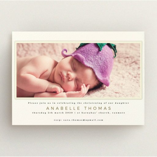 Christening Invite Design - "Cream with Cream" A christening invite called "Cream with Cream". It is an A5 invite in a landscape orientation. It is a photographic christening invite with room for 1 photo. "Cream with Cream" is available as a flat invite, with mainly cream colouring.