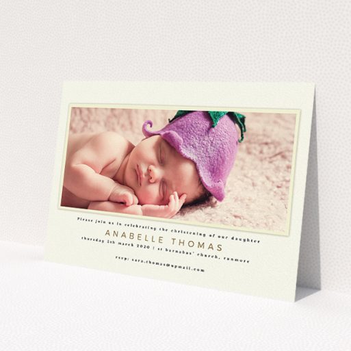 A christening invite called 'Cream with Cream'. It is an A5 invite in a landscape orientation. It is a photographic christening invite with room for 1 photo. 'Cream with Cream' is available as a flat invite, with mainly cream colouring.