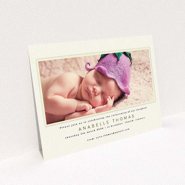 A christening invite called "Cream with Cream". It is an A5 invite in a landscape orientation. It is a photographic christening invite with room for 1 photo. "Cream with Cream" is available as a flat invite, with mainly cream colouring.