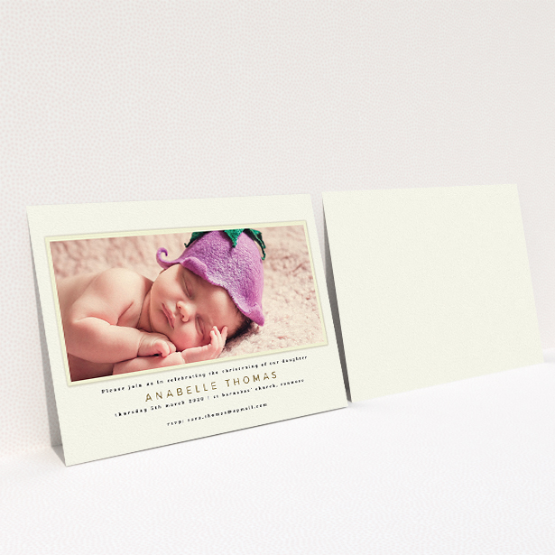 A christening invite called "Cream with Cream". It is an A5 invite in a landscape orientation. It is a photographic christening invite with room for 1 photo. "Cream with Cream" is available as a flat invite, with mainly cream colouring.