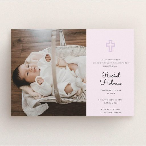 Christening Invite Design - "Cross Photo" A christening invite design named "Cross Photo". It is an A5 invite in a landscape orientation. It is a photographic christening invite with room for 1 photo. "Cross Photo" is available as a flat invite, with mainly purple/dark pink colouring.