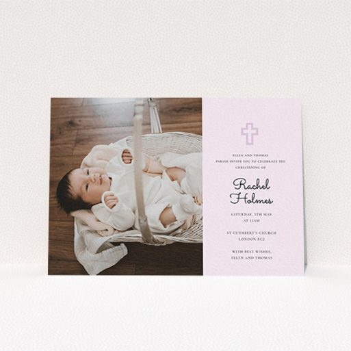 A christening invite design called "Cross Photo". It is an A6 invite in a landscape orientation. It is a photographic christening invite with room for 1 photo. "Cross Photo" is available as a flat invite, with mainly purple/dark pink colouring.