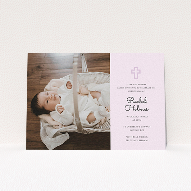 A christening invite design called "Cross Photo". It is an A6 invite in a landscape orientation. It is a photographic christening invite with room for 1 photo. "Cross Photo" is available as a flat invite, with mainly purple/dark pink colouring.