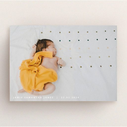 Christening Invite Design - "Date and Name" A christening invite template titled "Date and Name". It is an A5 invite in a landscape orientation. It is a photographic christening invite with room for 1 photo. "Date and Name" is available as a flat invite, with mainly white colouring.