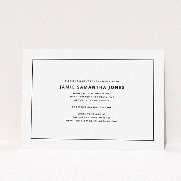 A christening invite template titled "Date and Name". It is an A5 invite in a landscape orientation. It is a photographic christening invite with room for 1 photo. "Date and Name" is available as a flat invite, with mainly white colouring.