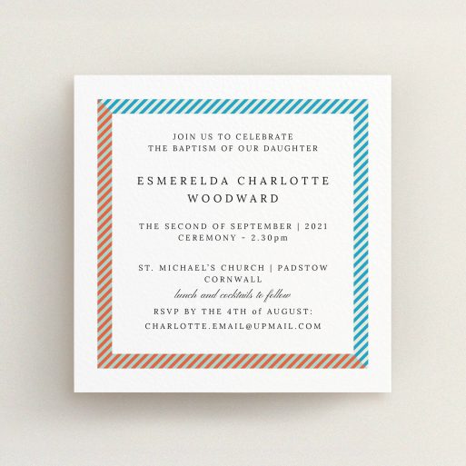 Christening Invite Design - "Diagonal Border" A christening invite design named "Diagonal Border". It is a square (148mm x 148mm) invite in a square orientation. "Diagonal Border" is available as a flat invite, with tones of red, blue and green.