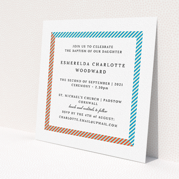 A christening invite design named 'Diagonal Border'. It is a square (148mm x 148mm) invite in a square orientation. 'Diagonal Border' is available as a flat invite, with tones of red, blue and green.
