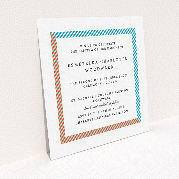 A christening invite design named "Diagonal Border". It is a square (148mm x 148mm) invite in a square orientation. "Diagonal Border" is available as a flat invite, with tones of red, blue and green.