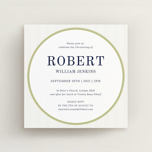 Christening Invite Design - "Dollar" A christening invite called "Dollar". It is a square (148mm x 148mm) invite in a square orientation. "Dollar" is available as a flat invite, with tones of gold and white.