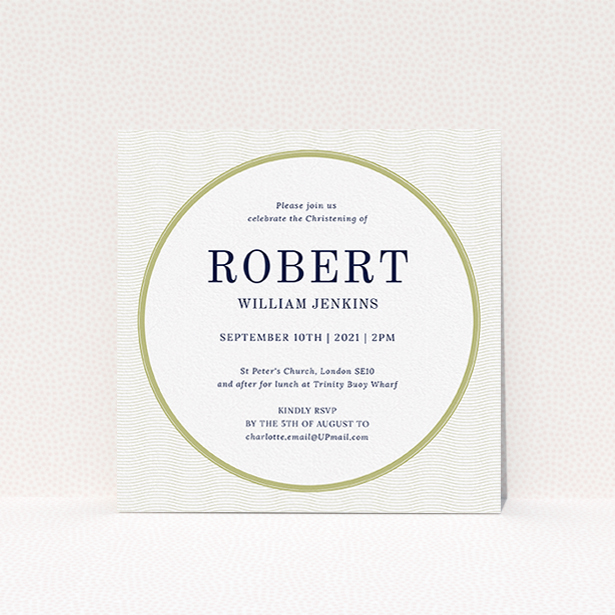 A christening invite called "Dollar". It is a square (148mm x 148mm) invite in a square orientation. "Dollar" is available as a flat invite, with tones of gold and white.