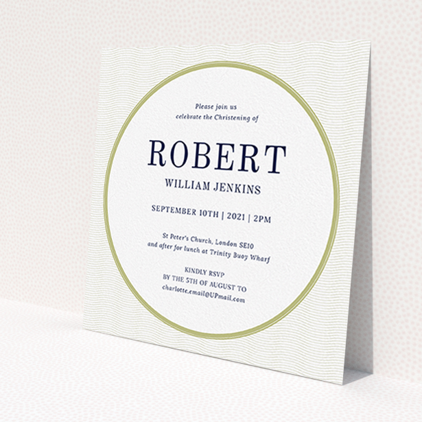 A christening invite called 'Dollar'. It is a square (148mm x 148mm) invite in a square orientation. 'Dollar' is available as a flat invite, with tones of gold and white.