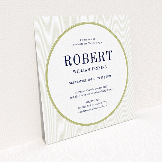 A christening invite called "Dollar". It is a square (148mm x 148mm) invite in a square orientation. "Dollar" is available as a flat invite, with tones of gold and white.
