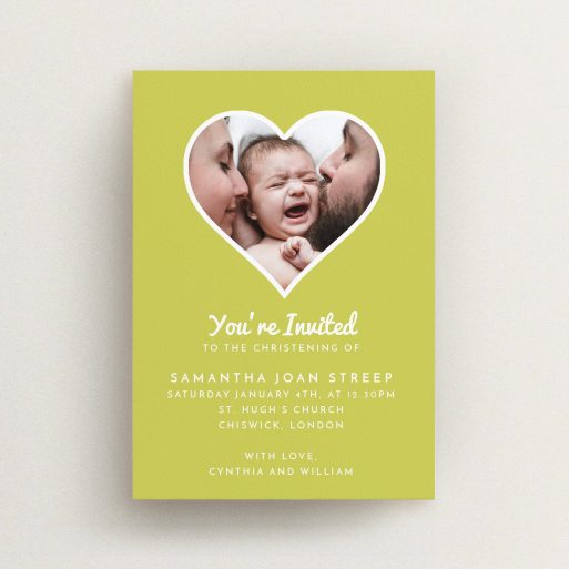 Christening Invite Design - "Electric Yellow" A christening invite template titled "Electric Yellow". It is an A6 invite in a portrait orientation. It is a photographic christening invite with room for 1 photo. "Electric Yellow" is available as a flat invite, with tones of green and white.