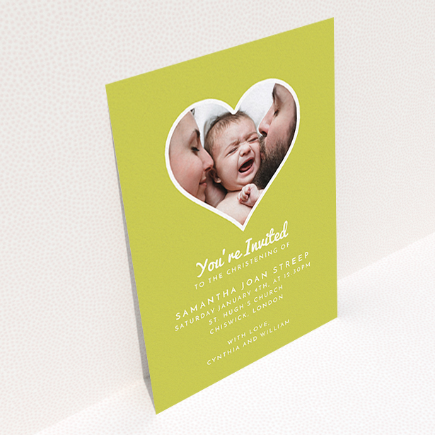 A christening invite template titled "Electric Yellow". It is an A6 invite in a portrait orientation. It is a photographic christening invite with room for 1 photo. "Electric Yellow" is available as a flat invite, with tones of green and white.