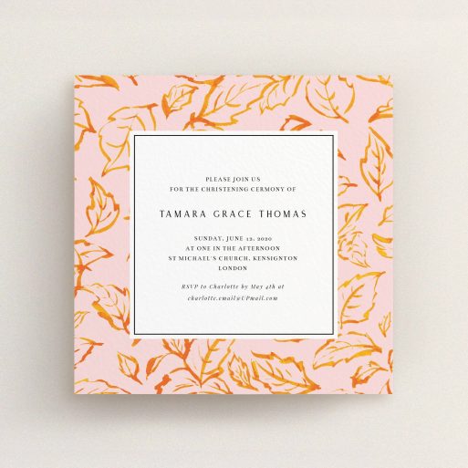 Christening Invite Design - "Falling Foliage" A christening invite template titled "Falling Foliage". It is a square (148mm x 148mm) invite in a square orientation. "Falling Foliage" is available as a flat invite, with tones of pink and orange.