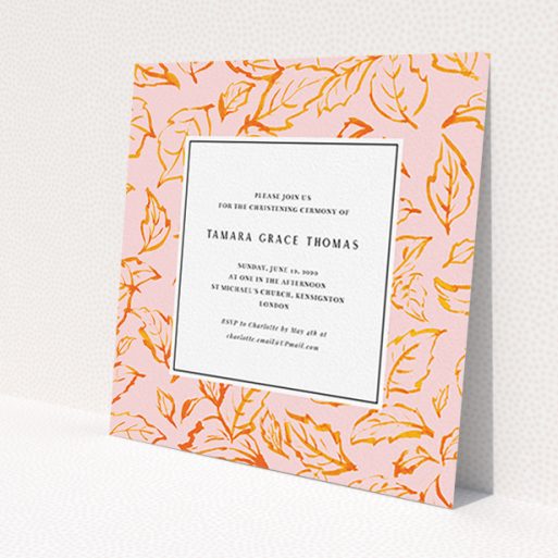 A christening invite template titled 'Falling Foliage'. It is a square (148mm x 148mm) invite in a square orientation. 'Falling Foliage' is available as a flat invite, with tones of pink and orange.
