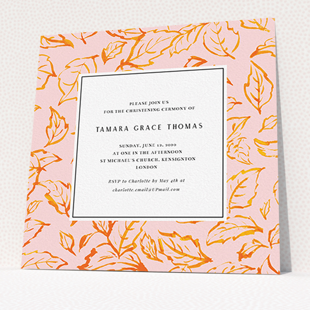A christening invite template titled "Falling Foliage". It is a square (148mm x 148mm) invite in a square orientation. "Falling Foliage" is available as a flat invite, with tones of pink and orange.