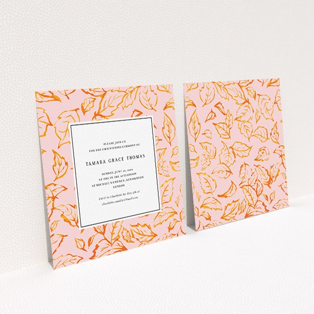 A christening invite template titled "Falling Foliage". It is a square (148mm x 148mm) invite in a square orientation. "Falling Foliage" is available as a flat invite, with tones of pink and orange.