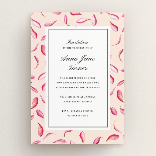 Christening Invite Design - "Falling pink petals" A christening invite design called "Falling pink petals". It is an A5 invite in a portrait orientation. "Falling pink petals" is available as a flat invite.