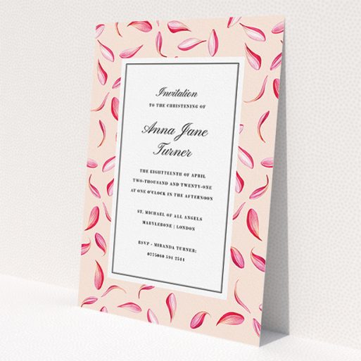 A christening invite design called 'Falling pink petals'. It is an A5 invite in a portrait orientation. 'Falling pink petals' is available as a flat invite.