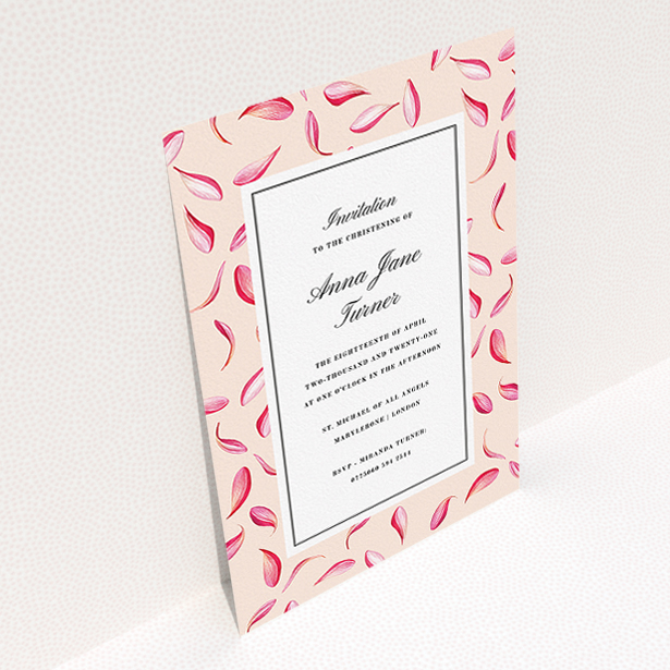 A christening invite design called "Falling pink petals". It is an A5 invite in a portrait orientation. "Falling pink petals" is available as a flat invite.