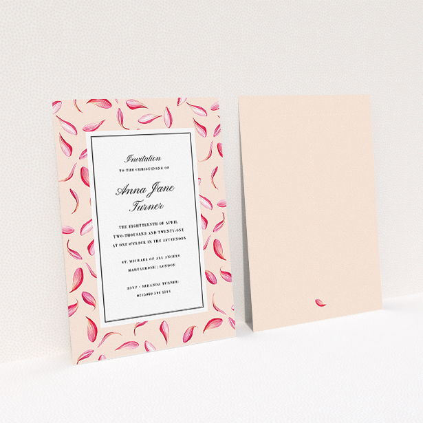 A christening invite design called "Falling pink petals". It is an A5 invite in a portrait orientation. "Falling pink petals" is available as a flat invite.