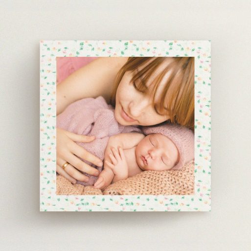 Christening Invite Design - "Floral abstract" A christening invite called "Floral abstract". It is a square (148mm x 148mm) invite in a square orientation. It is a photographic christening invite with room for 1 photo. "Floral abstract" is available as a flat invite, with mainly cream colouring.